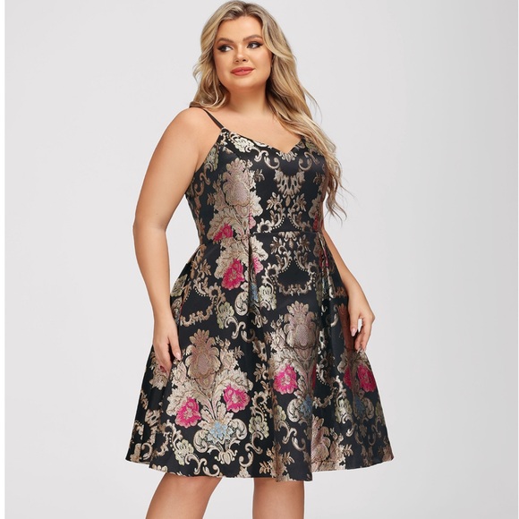 JJs House Black Floral Brocade Midi Dress with Gold and Pink Accents - Picture 5 of 6
